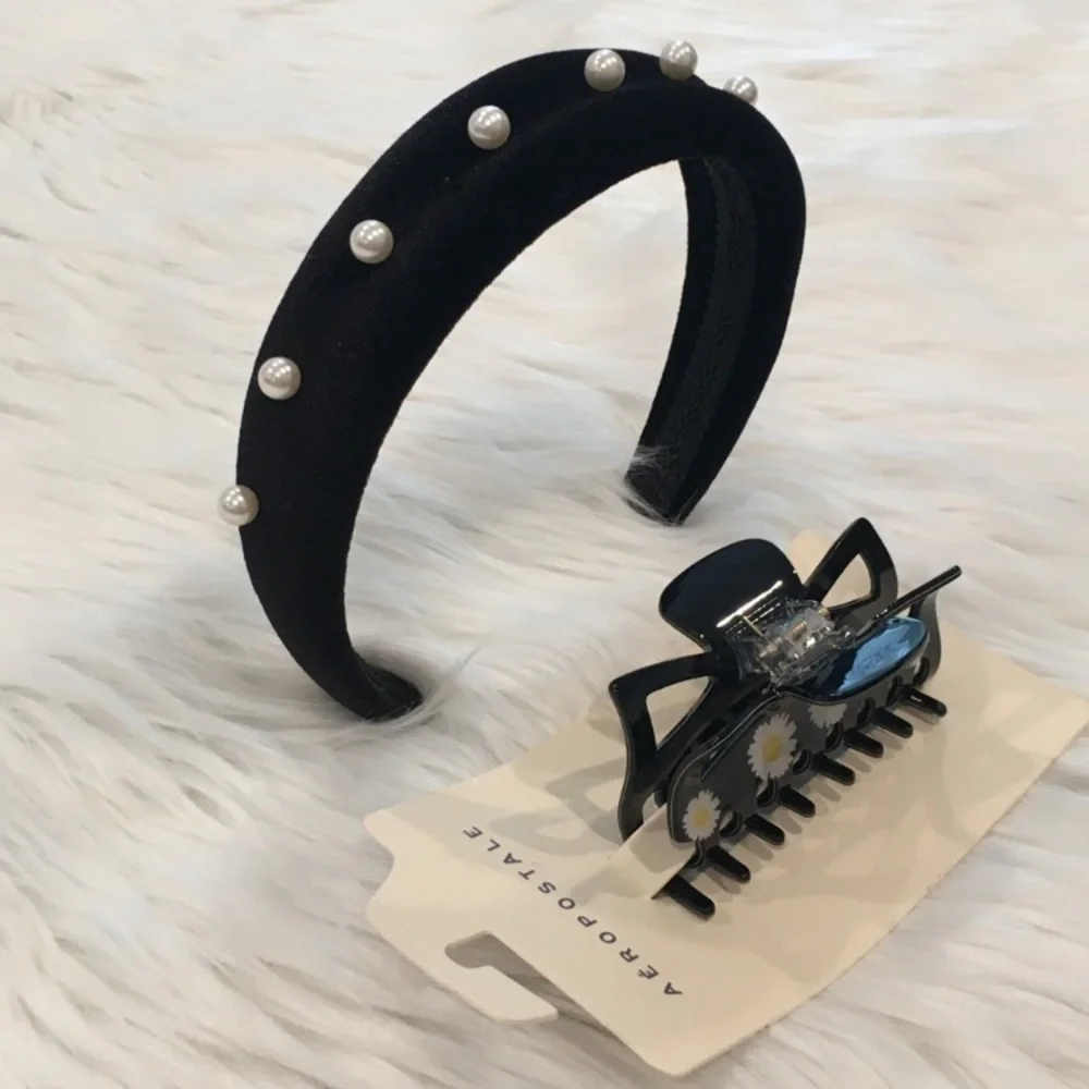 Velvet Head Band w/ Faux Pearls & Clip Set